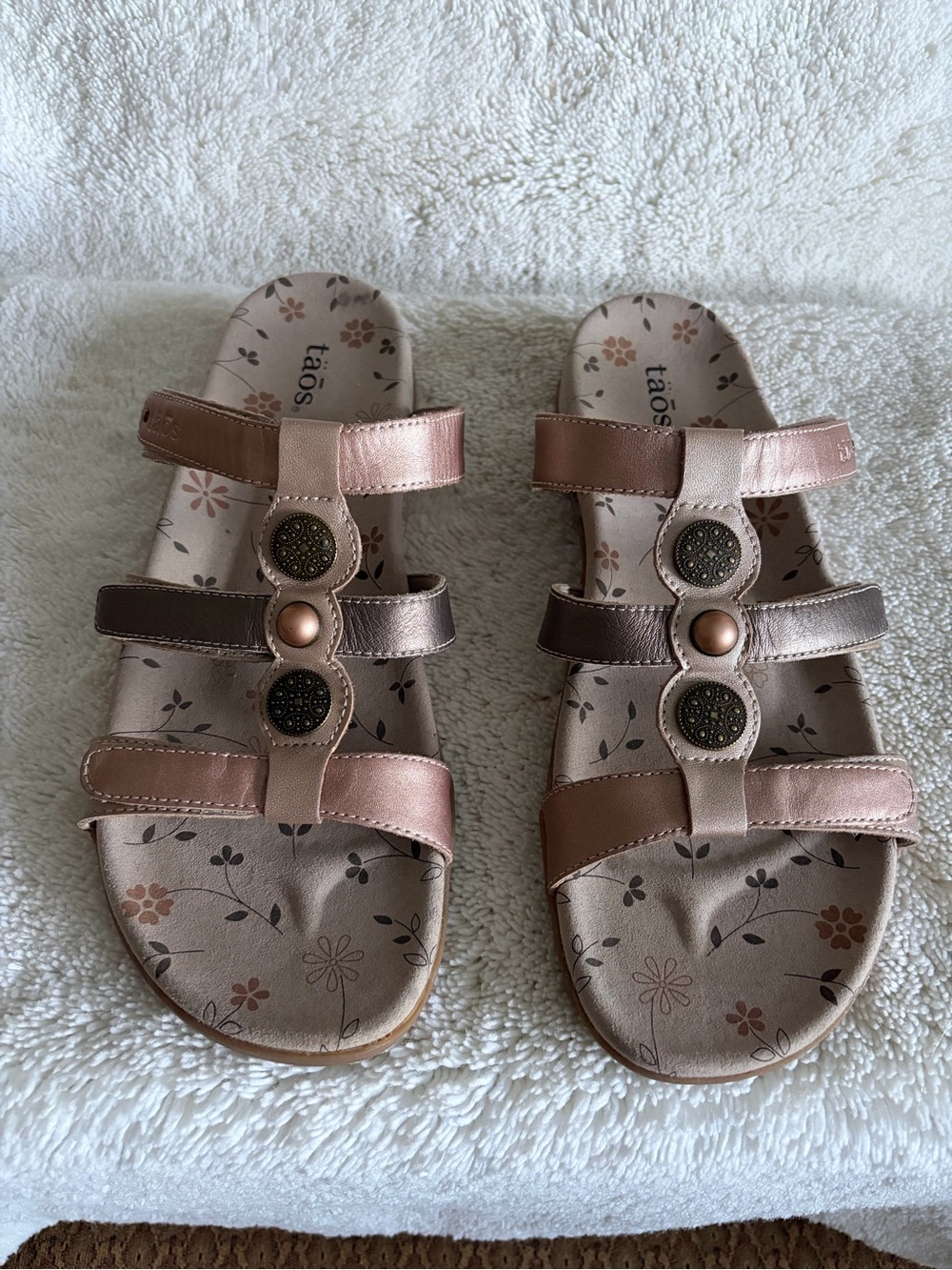 Taos Footwear Metallic Rose and Bronze Triple-Strap Slide Sandals
